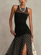 Black Sheer Polka Dot Chiffon Sleeveless Maxi Dress