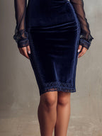 Square Neck  Lace Trim Navy Velvet Midi Dress With Sheer Sleeves