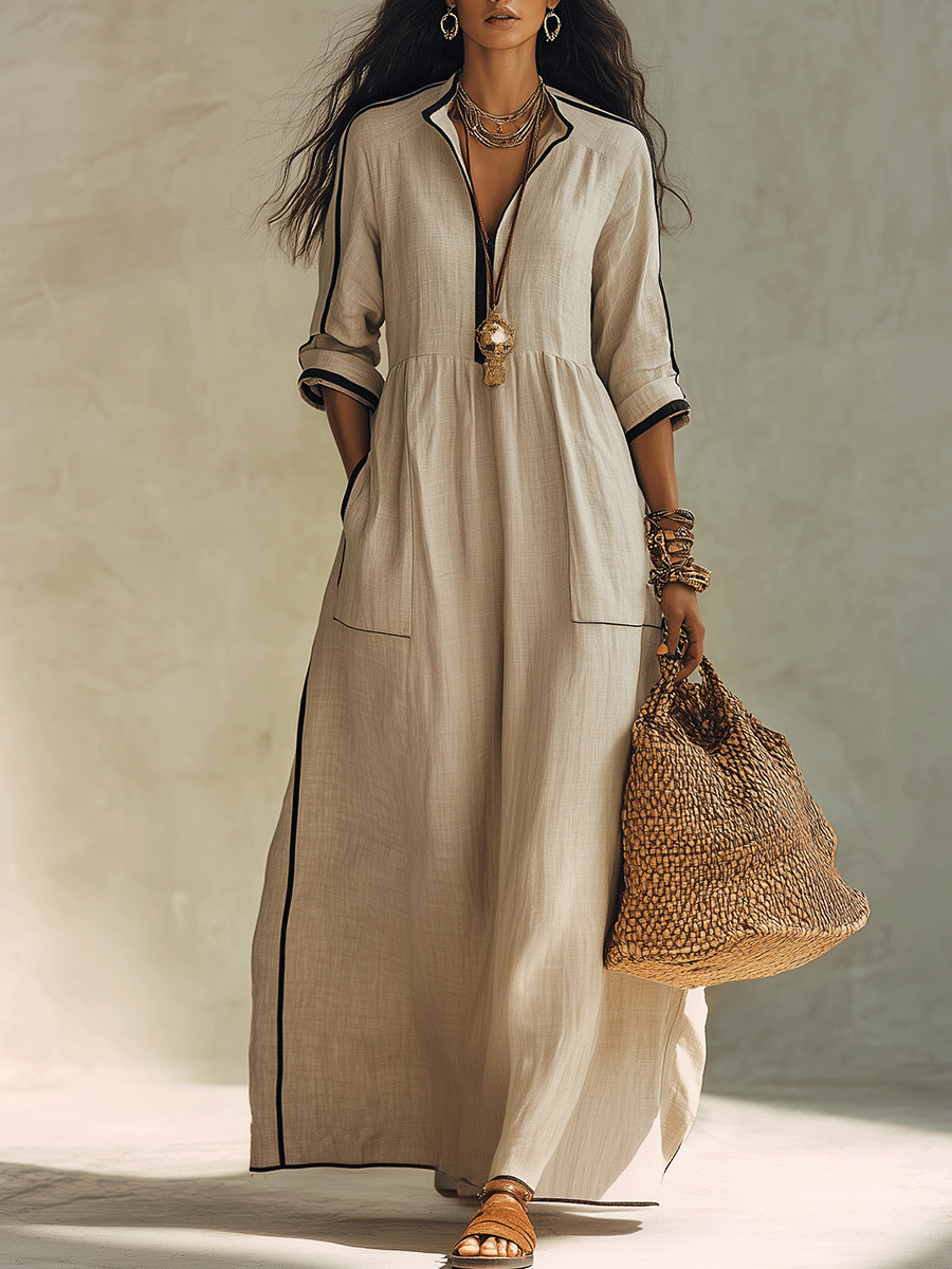 Chic Contrast Trim Boho Maxi Shirt Maxi Dress