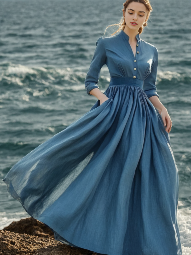 Maxi Linen Dress, Long Sleeve, Stand Collar, Button Down, Cottagecore, Linen Blend, Blue