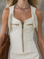 Square Neck Zipper Tassel Sleeveless Denim Mini Dress