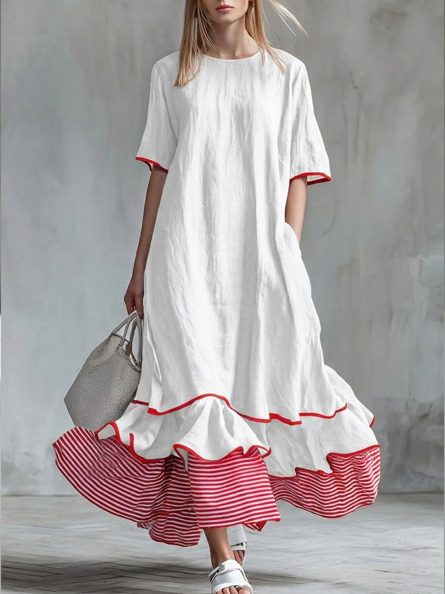 Women’s Patchwork Striped Midi Dress – Casual Red Summer Dress