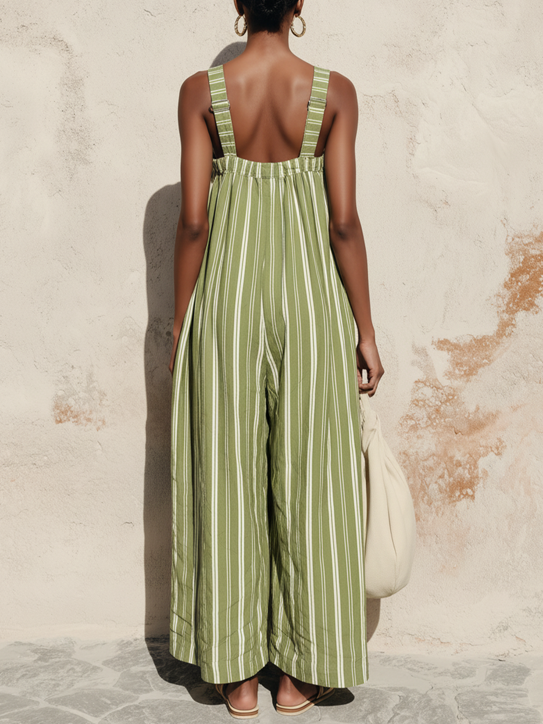 Green Striped Linen Tencel Loose Jumpsuit