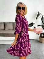 Lavender Chiffon Vacation Prints Color Round Neck Cake Skirt Splicing Dress Mid-length
