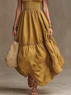 Bohemian Cotton-Linen Halter Smocked Tiered Maxi Dress