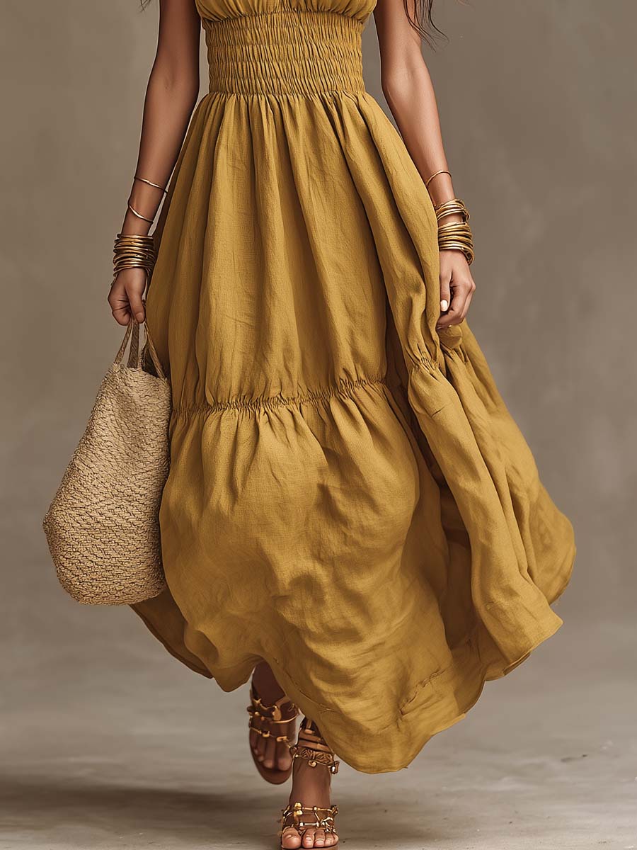 Bohemian Cotton-Linen Halter Smocked Tiered Maxi Dress