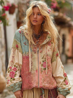 Women's Floral Embroidery Color Block Boho Casual Zip-up Hoodie