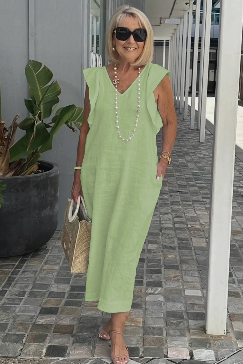Casual Dress with Ruffle Sleeves,Back Adjustment Rope,Deep Pockets,Pure White Formal Dress, Evening Dress