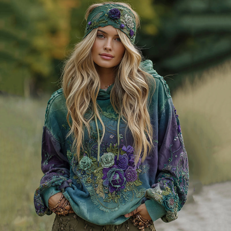 Women's Vintage Purple Lavender Patchwork And Floral Embroidered Art Gradient Comfort Hoodie