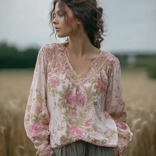 Bohemian Retro Countryside Style Plant Flower Design Cotton And Linen Women's Long-sleeve Shirt