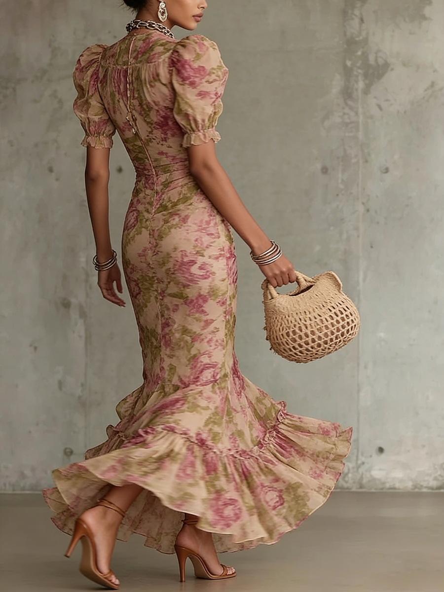 Elegant Vacation Party Floral Print Halterneck Stretch Maxi Dress