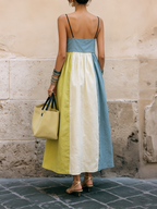 Color-Block Linen-Blend Strapless Midi Dress