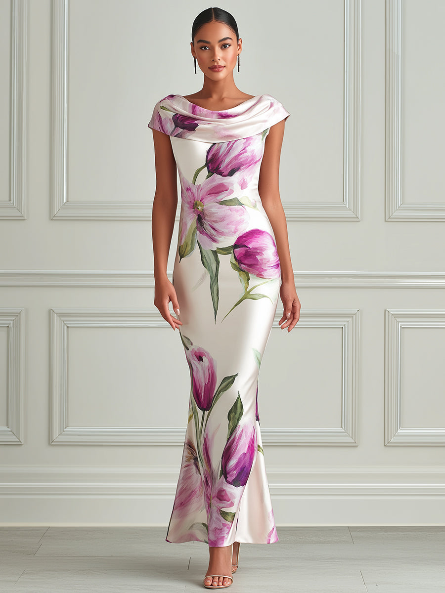 Elegant Floral Cowl-Neck Mermaid Dress
