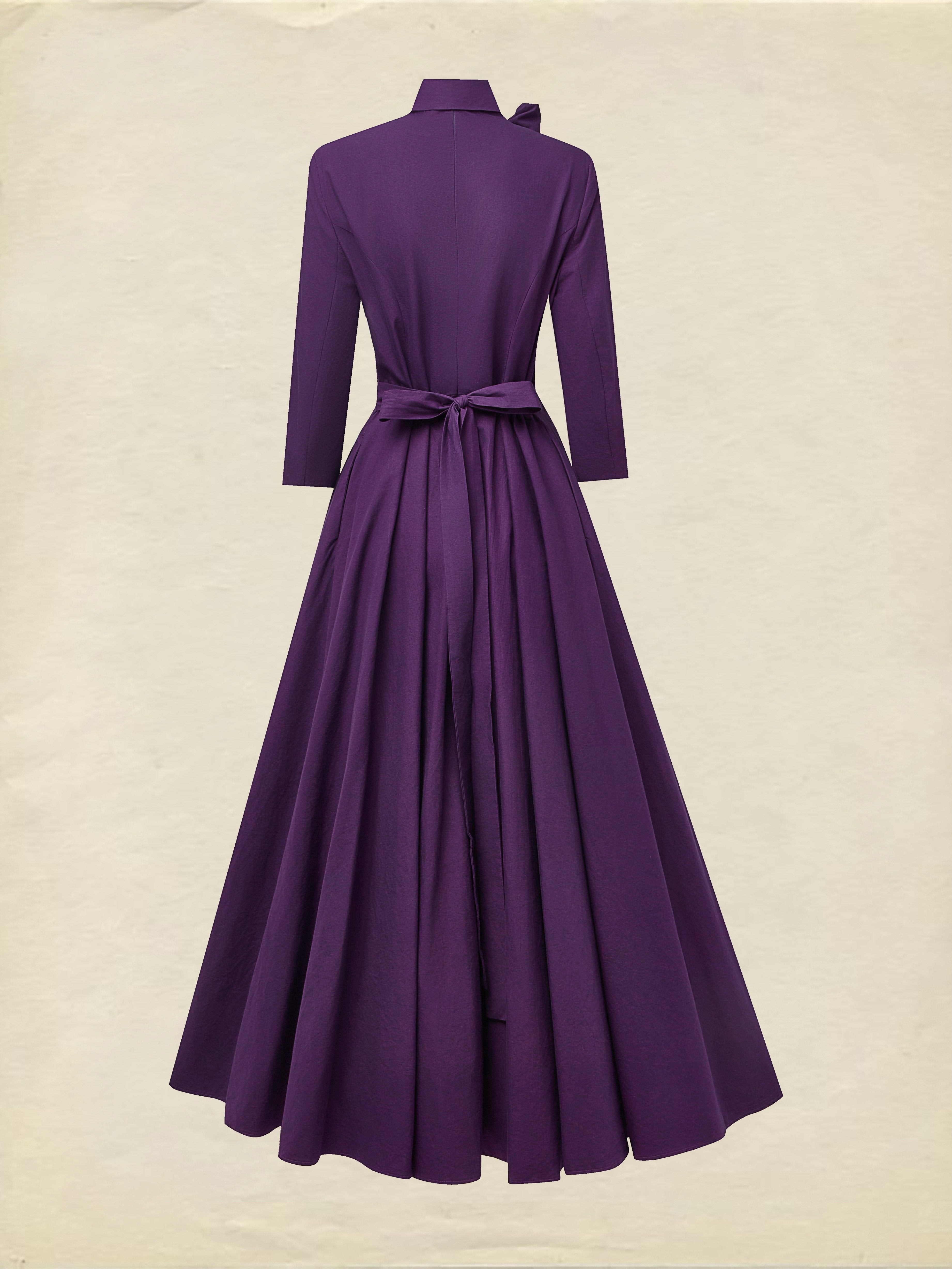 Maxi Cotton Dress, Half Sleeve, Turtleneck, Plain, Button Design, Vintage, Deep Purple, Halloween