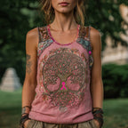 Celtic Tree Of Life & Pink Ribbon Embroidered Linen Tank