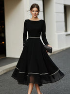 Long Sleeve Contrast Trim Midi Dress With Flared Skirt
