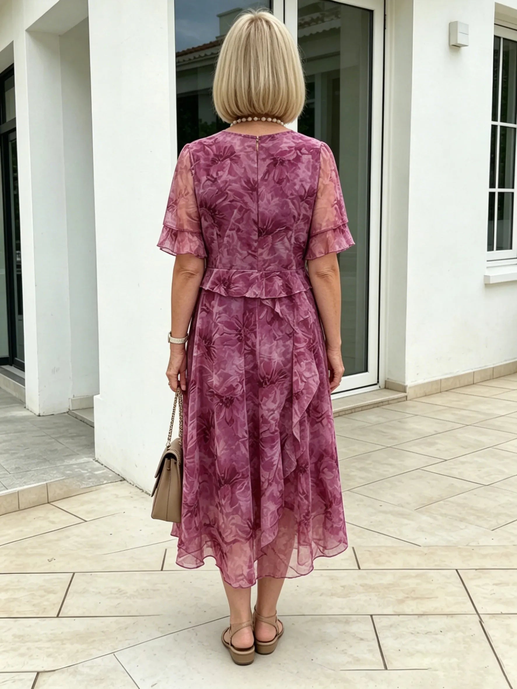 Purple Floral Mesh Chiffon Midi Dress, V-Neck Ruffle 3/4 Sleeve Waist Ruffle Loose Slimming Mom Dress