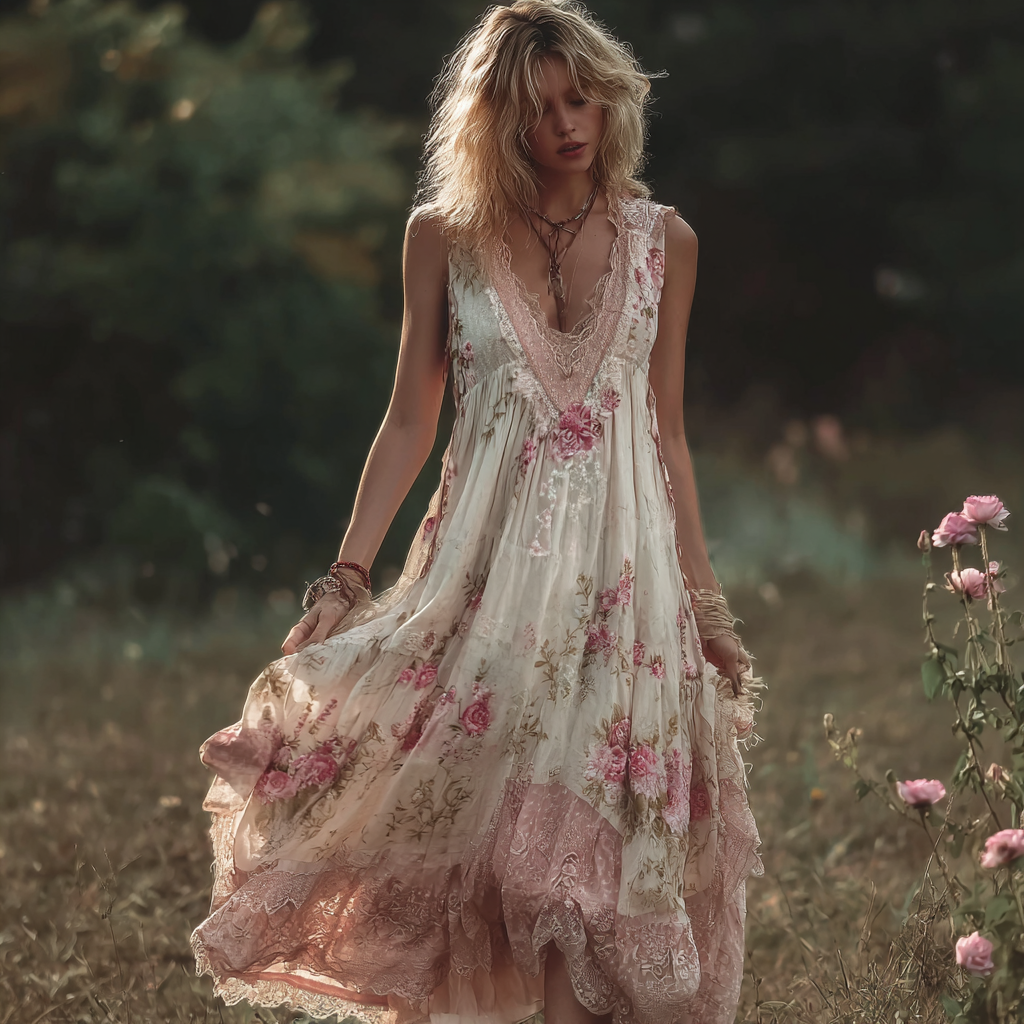 Bohemian Retro Pink Rose Lace Flowing Linen Maxi Dress