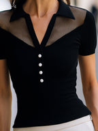 Mesh Panel Polo Neck Ribbed Knit Top With White Pearl Buttons