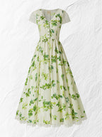 Linen Maxi Dress, Short Sleeve, V neck, Floral, Vintage, Green