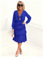 Deep V-Neck Long-sleeved Fashion Cake Skirt Women's Temperament Loose and Thin Round Neck Dress Women