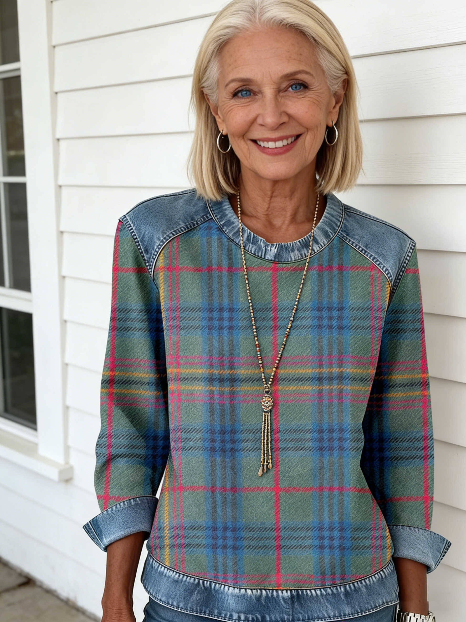 Denim Collar Long Sleeves, Pullover Stitched Knitted Sweater Top