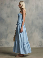 Casual Retro Blue Striped Sleeveless Loose-Fit Ruffled Cotton Maxi Dress
