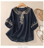Cotton and Linen Embroidered Shirt with Seven-quarter Sleeves, Thin Temperament, Loose and Versatile Pullover Top