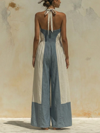 Halter Neck Color Block Wide Leg Jumpsuit