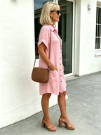 Solid Color Shirt Dress Simple, Made of Breathable, Featuring a Lapel Collar and Orderly Button Arrangement That Adds a Vintage Charm