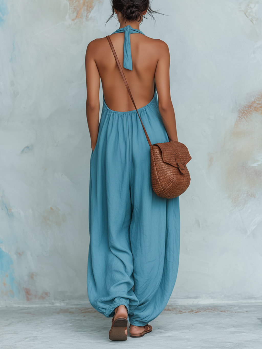 Blue Halter Neck Keyhole Wide Leg Jumpsuit