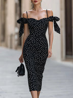 Olka Dot Off-Shoulder Bodycon Midi Dress With Bow Accents