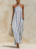 Nautical Striped Halter Maxi Dress - Breathable Linen-Blend Resort Wear