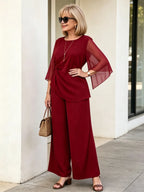 2Pcs Light Blue Chiffon 2 Piece Outfit, Irregular Twist Flare Sleeve Top & Wide Leg Pants Set for Mature Women