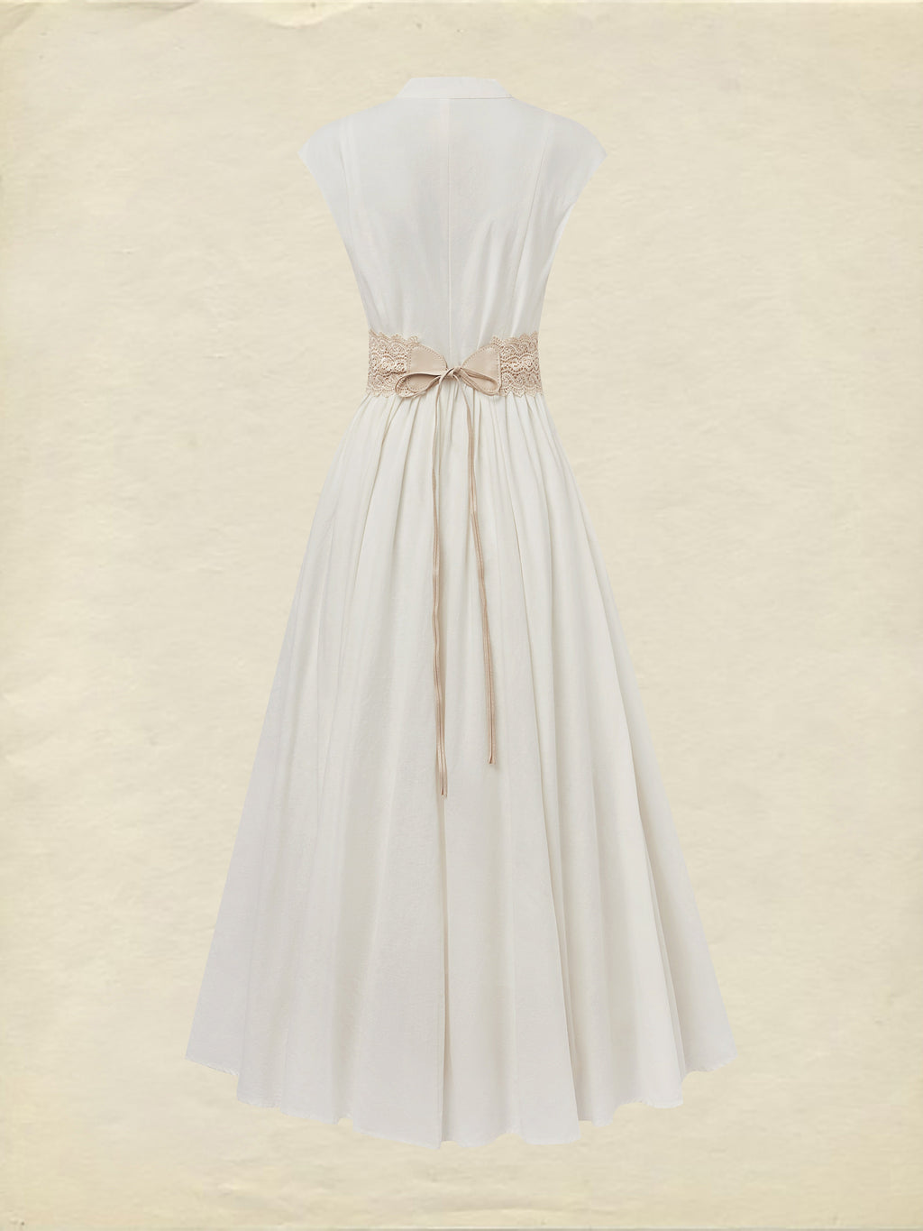 Maxi Linen Dress , Cap Sleeves, V Neck, Plain, Lace, Vintage, White