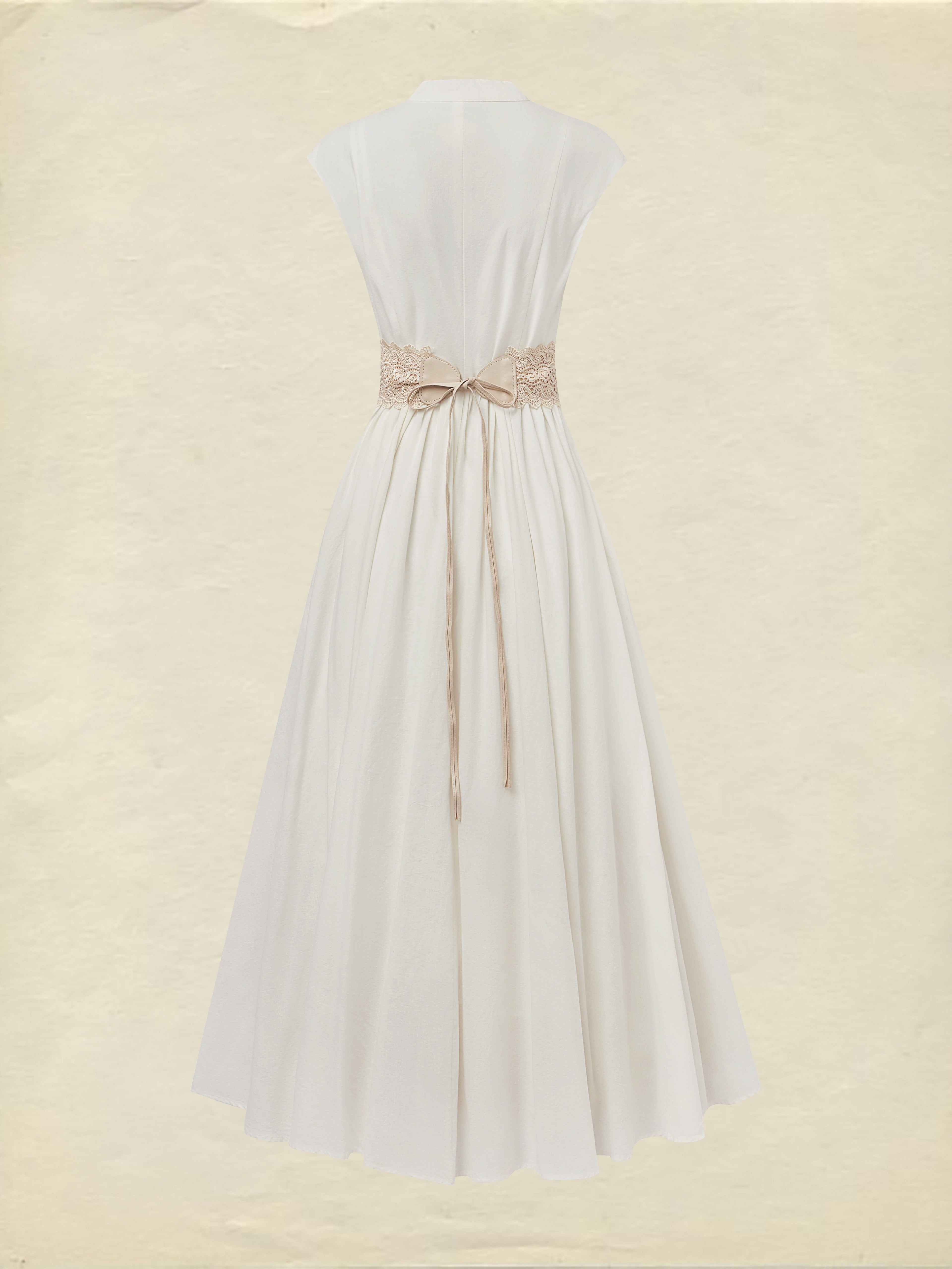 Maxi Linen Dress , Cap Sleeves, V Neck, Plain, Lace, Vintage, White