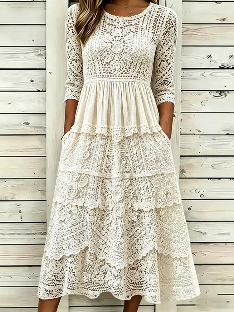 Elegant Floral Lace Embroidery Art Cozy Linen Maxi Dress