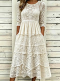 Elegant Floral Lace Embroidery Art Cozy Linen Maxi Dress