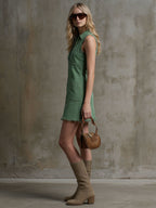 Casual Retro Zipper Sleeveless Green Denim Frayed Mini Dress