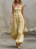 Casual Retro Yellow Sleeveless Ruffled Cotton-linen Top And Wide-leg Pants Set