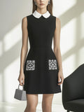 Stylish Black Dress with Peter Pan Collar and Embroidered Pockets