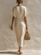 Cream Linen-Blend Twist-Front V-Neck Flutter Sleeve Midi Dress