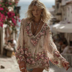 Vintage Rose Diamond Embroidery V-neck Long Sleeve Shirt