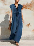 Lightweight Denim V-Neck Maxi Dress With Front Tie Detail