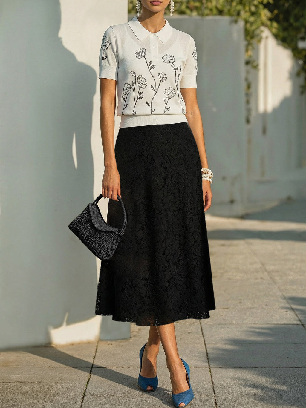 Sweater, Short Sleeves, Shawl Collar, Floral, Button Design, Inner Vest Not Included, White