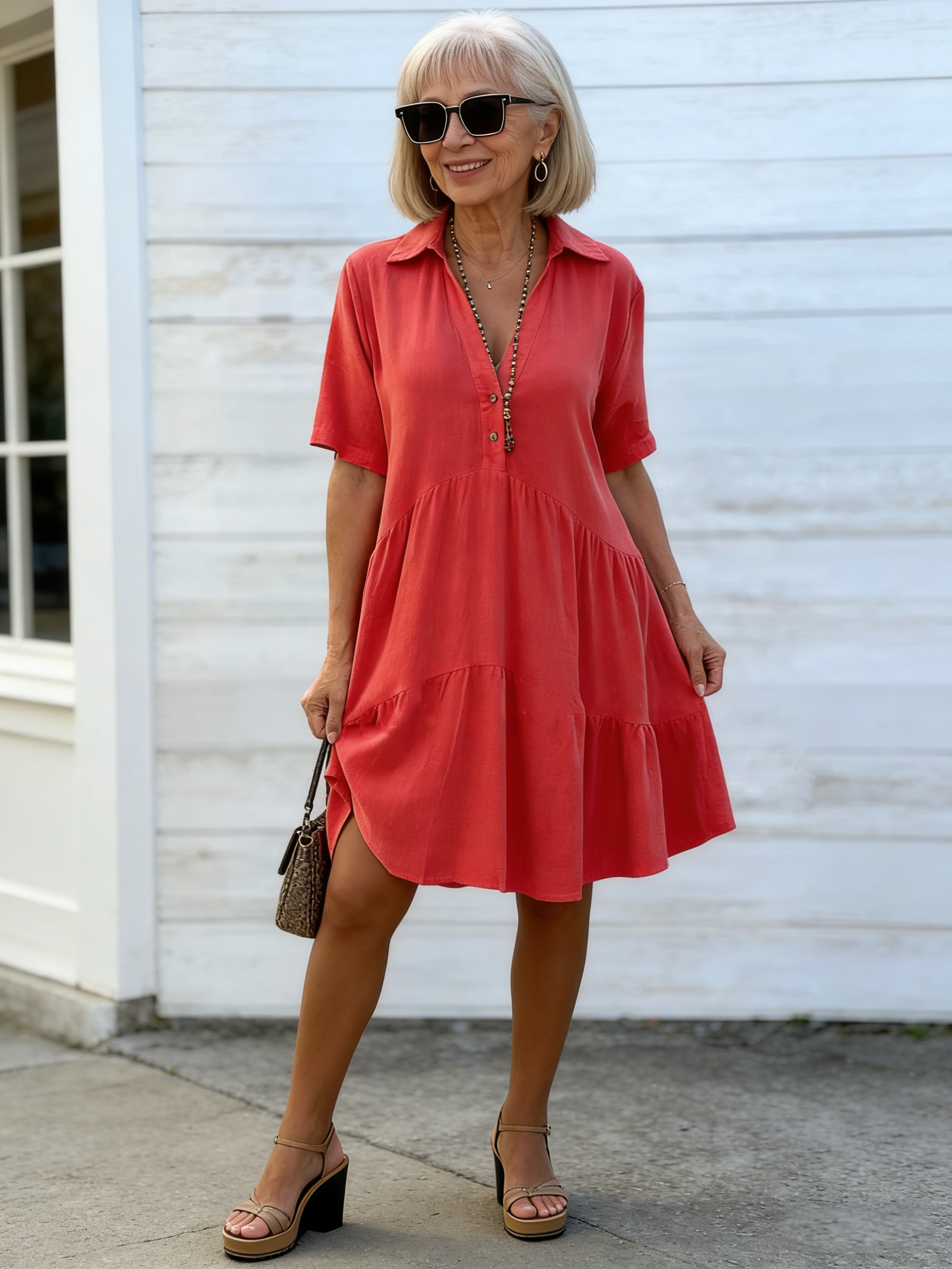 Loose Solid Color Lapel Casual Short-sleeved Cotton and Linen Dress