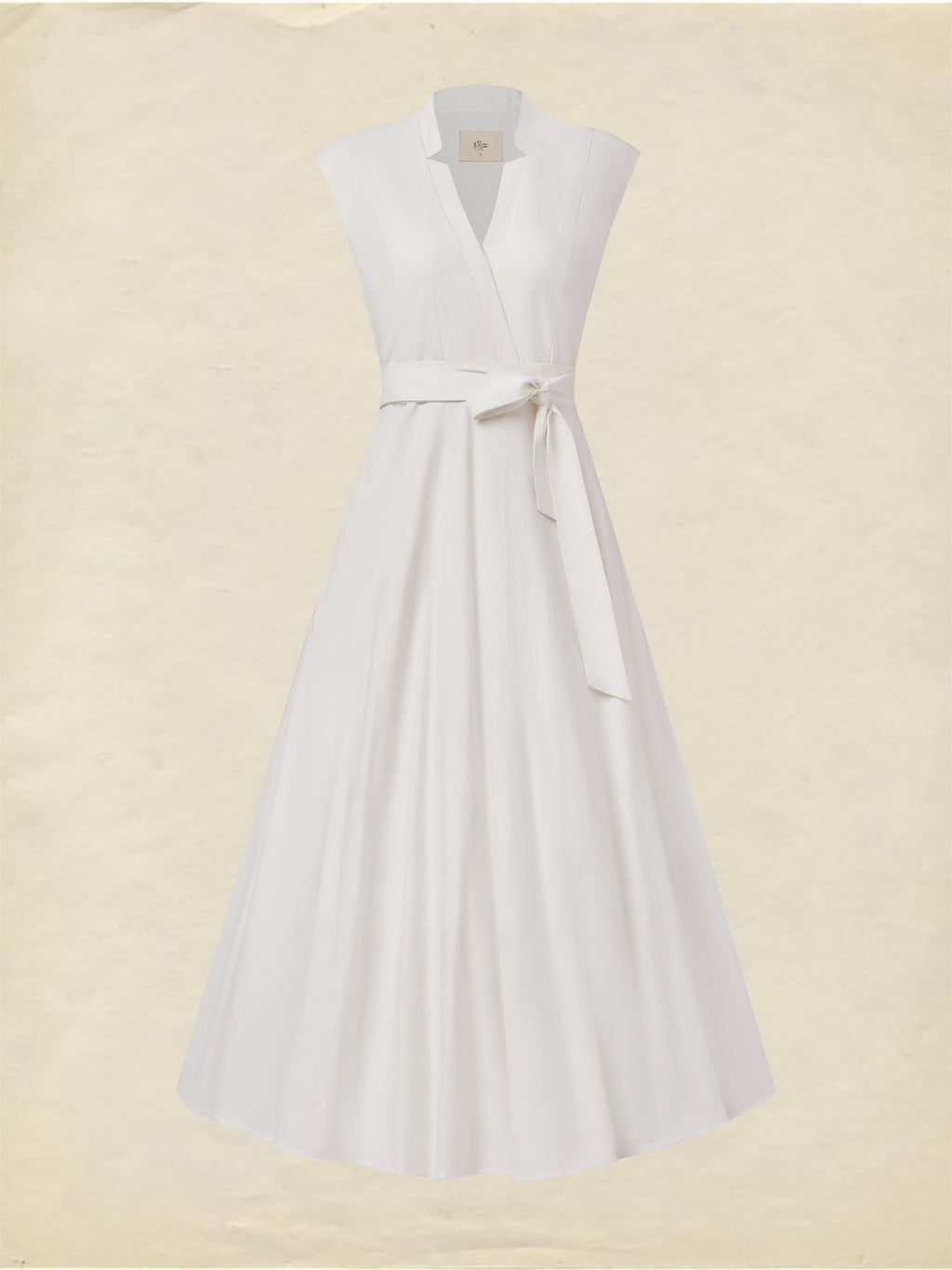 Midi Linen Dress , Sleeveless, V Neck, Plain, Belt Design, Vintage, White