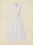 Midi Linen Dress , Sleeveless, V Neck, Plain, Belt Design, Vintage, White