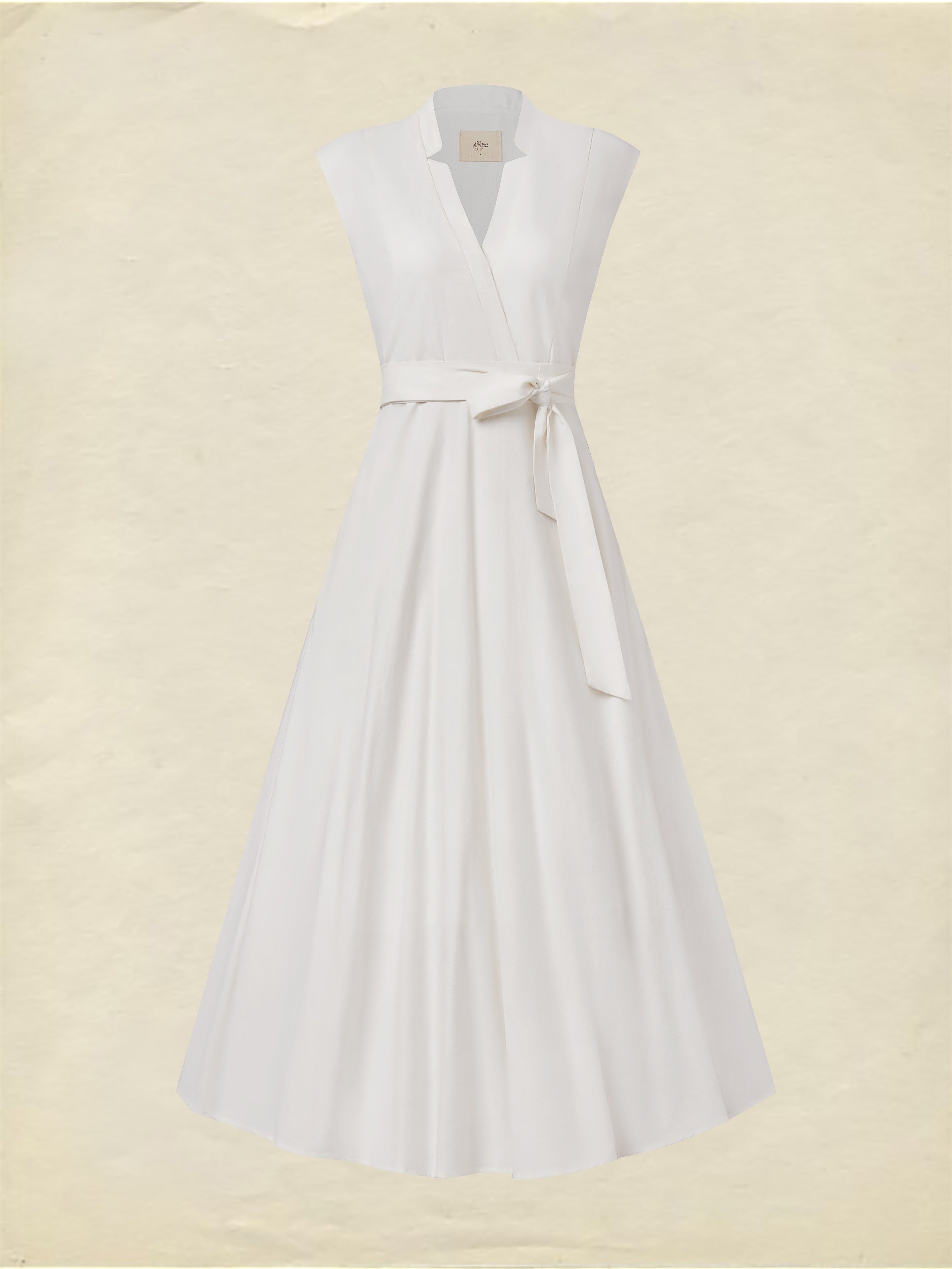 Midi Linen Dress , Sleeveless, V Neck, Plain, Belt Design, Vintage, White