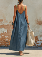 Blue Chambray Maxi Dress With Lime Trim - Loose Flowy Sleeveless Sundress